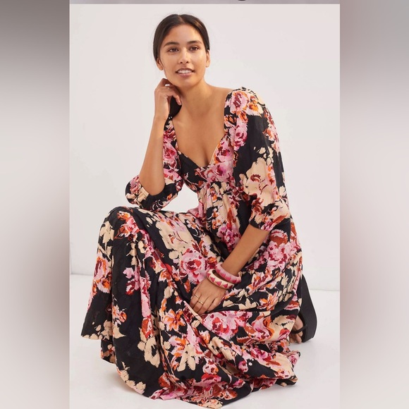 Anthropologie Black and Pink Floral sweetheart neckline Maxi Dress L - Picture 16 of 16